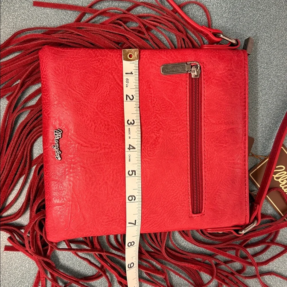 Wrangler Leather Fringe Denim Red Crossbody Bag - Picture 14 of 15